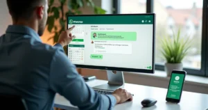 Gestor configurando agendamento automático de mensagens em painel de WhatsApp no computador