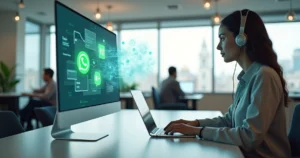 Tela dividida mostrando chatbot digital e atendente humano lado a lado em ambiente corporativo