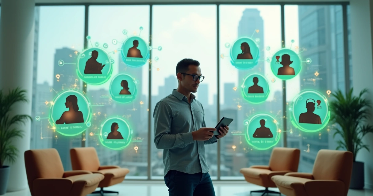 Especialista de atendimento cercado por clientes satisfeitos recebendo mensagens automáticas em tempo real