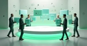 Equipe diversa conectando blocos de conversa formando fluxo de mensagens unificado