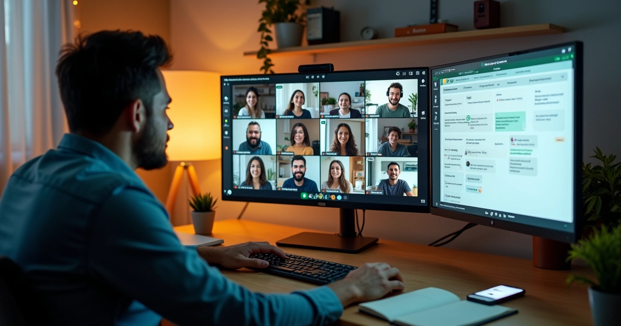 Gestor conduz reunião virtual com equipe remota em múltiplas telas de atendimento