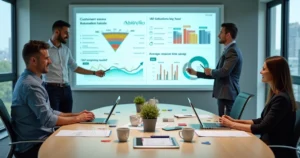 Gestor analisando dashboard de relatórios de atendimento automatizado no computador