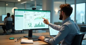 Gestor analisando gráficos de ROI da automação de atendimento no WhatsApp em tela de computador