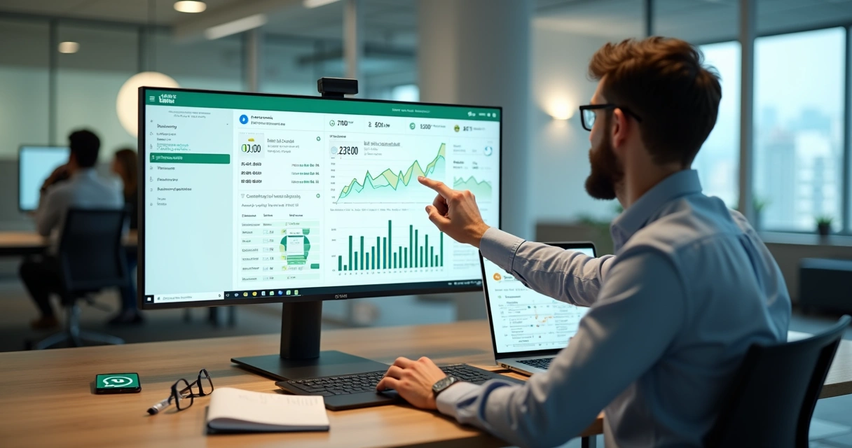 Gestor analisando gráficos de ROI da automação de atendimento no WhatsApp em tela de computador