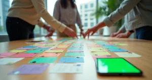 Equipe organizando cartões de clientes por cores sobre grande mesa de escritório