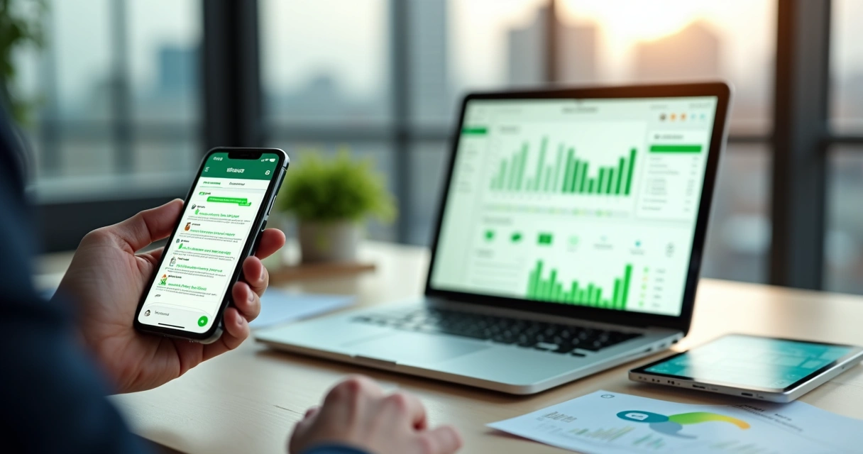 Tela de celular com WhatsApp ao lado de laptop com gráficos de marketing digital