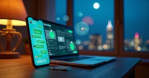 Loja virtual com mensagens de atendimento 24h no WhatsApp aparecendo ao redor de um smartphone