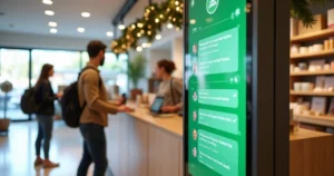 Loja com fila física pequena e grande painel digital de atendimentos via WhatsApp