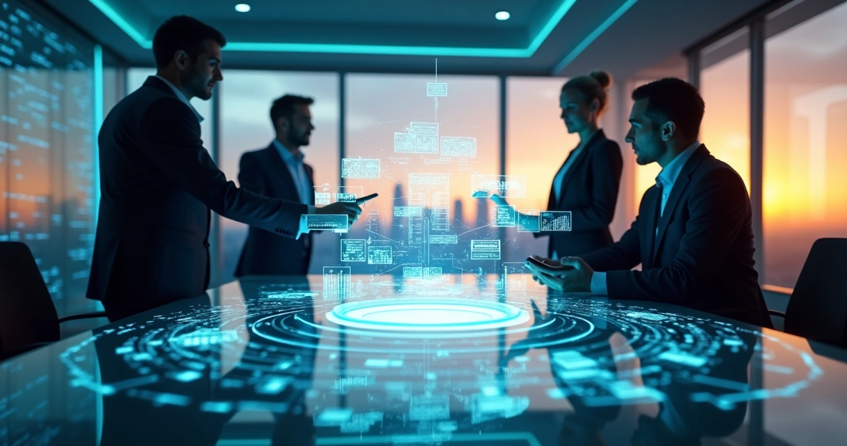 Chatbot holográfico colaborando com equipe em sala de reunião B2B futurista