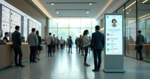 Centro de atendimento digital com fila dividida entre chatbot e atendente humano