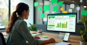 Empresária analisando painel de feedbacks recebidos pelo WhatsApp em escritório moderno