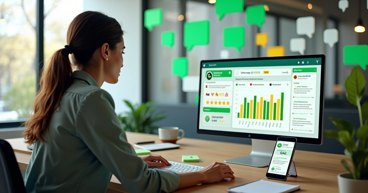 Empresária analisando painel de feedbacks recebidos pelo WhatsApp em escritório moderno
