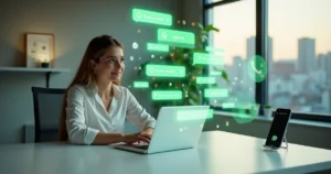 Empresária analisando painel digital com mensagens automáticas no WhatsApp