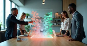 Equipe de marketing filtrando mensagens de WhatsApp com escudo contra spam em painel digital