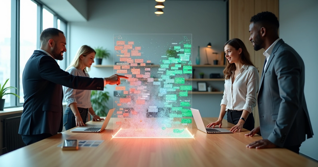 Equipe de marketing filtrando mensagens de WhatsApp com escudo contra spam em painel digital