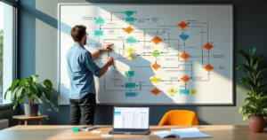 Quadro branco com fluxos de atendimento automatizado desenhados em cores diversas