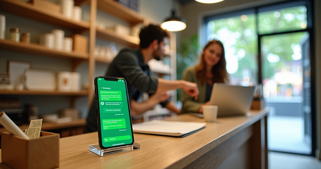 Pequena empresária usando notebook para atender clientes pelo WhatsApp em balcão de loja