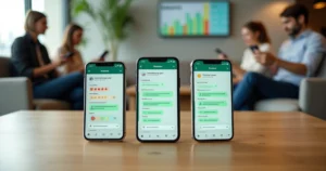 Clientes respondendo pesquisa de satisfação pelo WhatsApp em ambiente moderno de atendimento