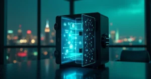 Cofre digital em forma de tela protegendo ícones de mensagens de WhatsApp