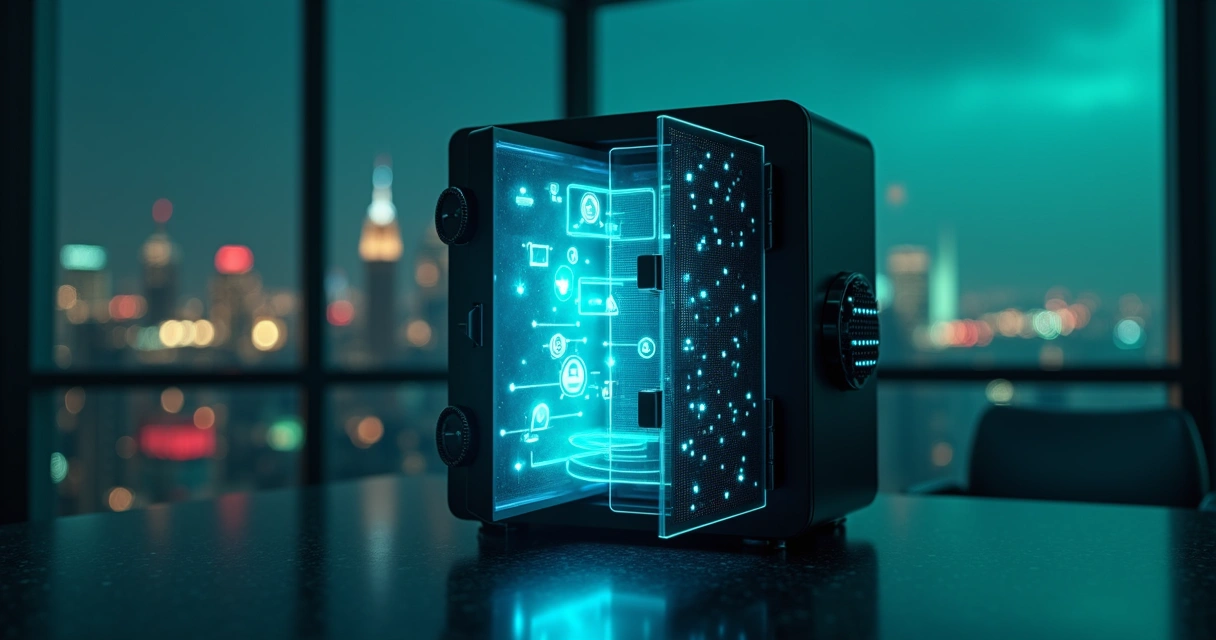 Cofre digital em forma de tela protegendo ícones de mensagens de WhatsApp