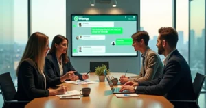 Equipe B2B em mesa redonda com projeção de conversa no WhatsApp em tela grande