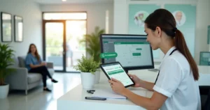 Recepcionista de clínica médica usando tablet com agenda sincronizada ao WhatsApp