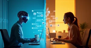 Comparação entre atendimento automatizado e humano em ambiente digital dividido ao meio