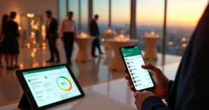 Organizador usando celular em painel de controle de confirmações de presença via WhatsApp durante evento elegante