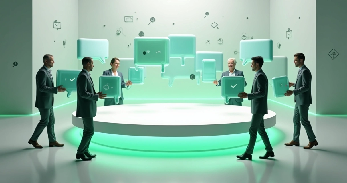 Equipe diversa conectando blocos de conversa formando fluxo de mensagens unificado