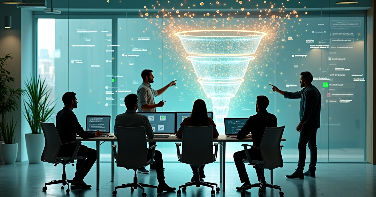 Equipe de atendimento colaborando em frente a funil digital de suporte automatizado