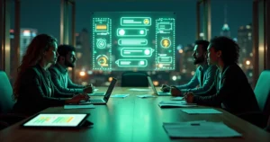 Interface gigante de WhatsApp projetada sobre mesa com dados de engajamento