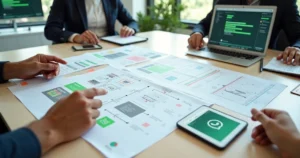 Gestor de e-commerce planejando integrações entre WhatsApp e loja virtual em mesa ampla