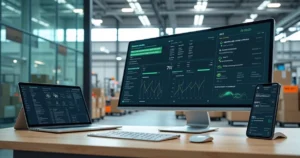 Linha de produção industrial conectada digitalmente a tela com WhatsApp e ERP