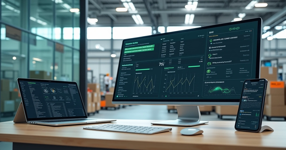 Linha de produção industrial conectada digitalmente a tela com WhatsApp e ERP