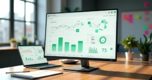 Dashboard com métricas conectadas a campanhas de WhatsApp em um escritório moderno