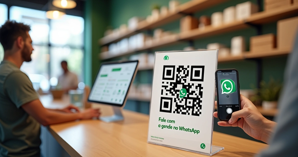 Cliente escaneando QR code de WhatsApp em balcão de loja para cadastrar contato