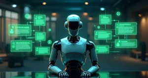 Robô enviando mensagens segmentadas em múltiplas telas virtuais de WhatsApp