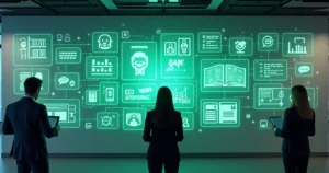 Painel com diversos profissionais de setores diferentes conectados por ícones de automação e WhatsApp