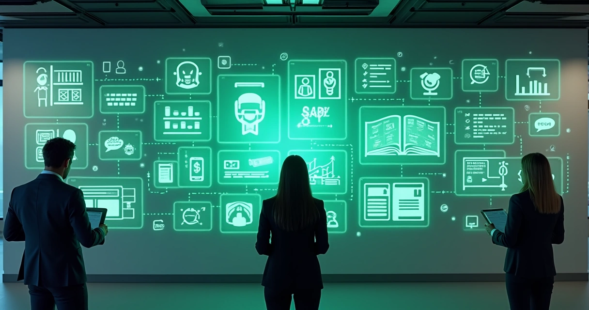 Painel com diversos profissionais de setores diferentes conectados por ícones de automação e WhatsApp