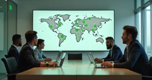 Gestor analisando em tela grande o mapa de franquias conectadas por WhatsApp