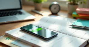Agenda com smartphone mostrando lembrete de compromisso no WhatsApp