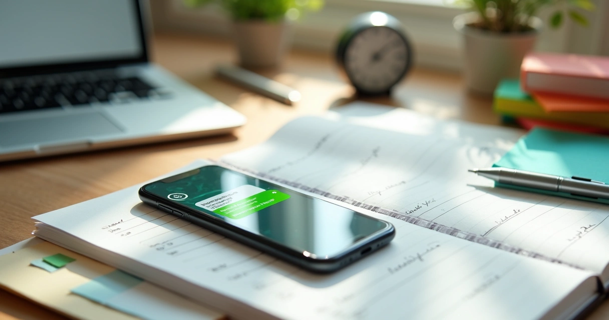 Agenda com smartphone mostrando lembrete de compromisso no WhatsApp