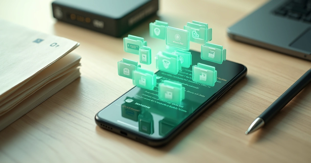 Tela de smartphone com ícones de pastas e conversas do WhatsApp organizadas como arquivos