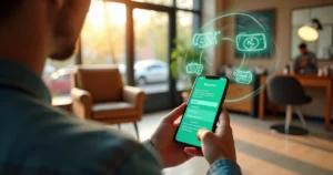 Cliente sentado em salão moderno agendando serviço pelo chatbot no celular