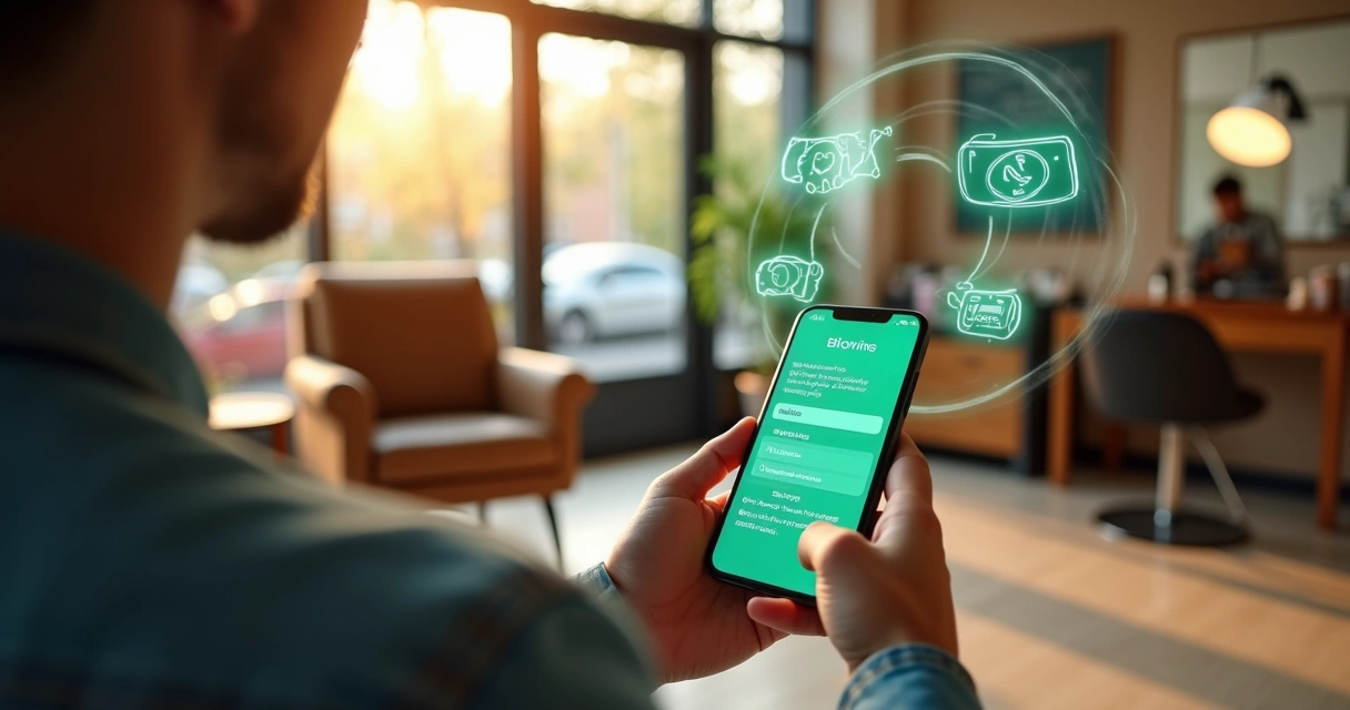 Cliente sentado em salão moderno agendando serviço pelo chatbot no celular