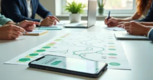 Mapa visual de onboarding mostrado em smartphone com chatbot no WhatsApp