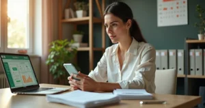 Empresária usando WhatsApp para negociar cobrança com cliente em ambiente de escritório moderno