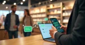 Vendedor em loja usando bot no WhatsApp para follow-up de vendas