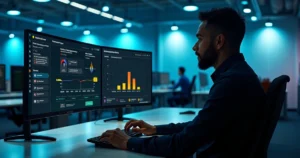 Gestor de atendimento analisa painel com alertas de falhas em tempo real