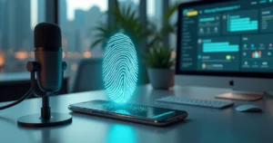 Ondas sonoras formando impressão digital ao lado de tela de WhatsApp corporativo